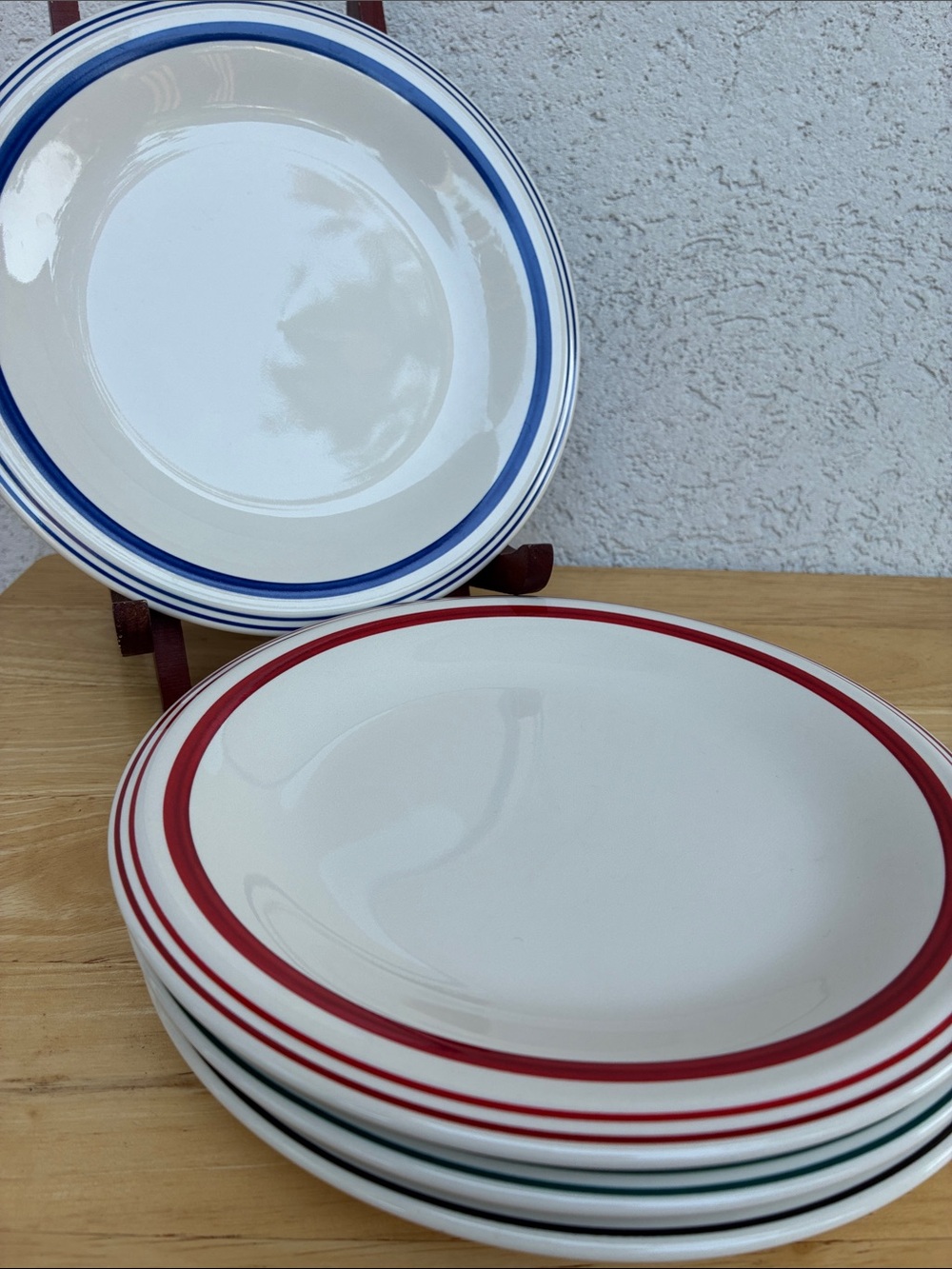 Lauren Ralph Lauren Cafe Stripe 7 1/2 inch plates set of 4 red green black blue